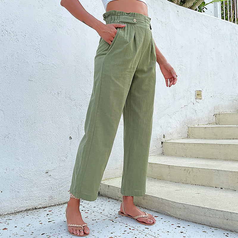 Damen Hochtaillierte Culotte-Hose mit Bundfalten, Knopf-Tabulierung und weitem Bein Echoarchiv
