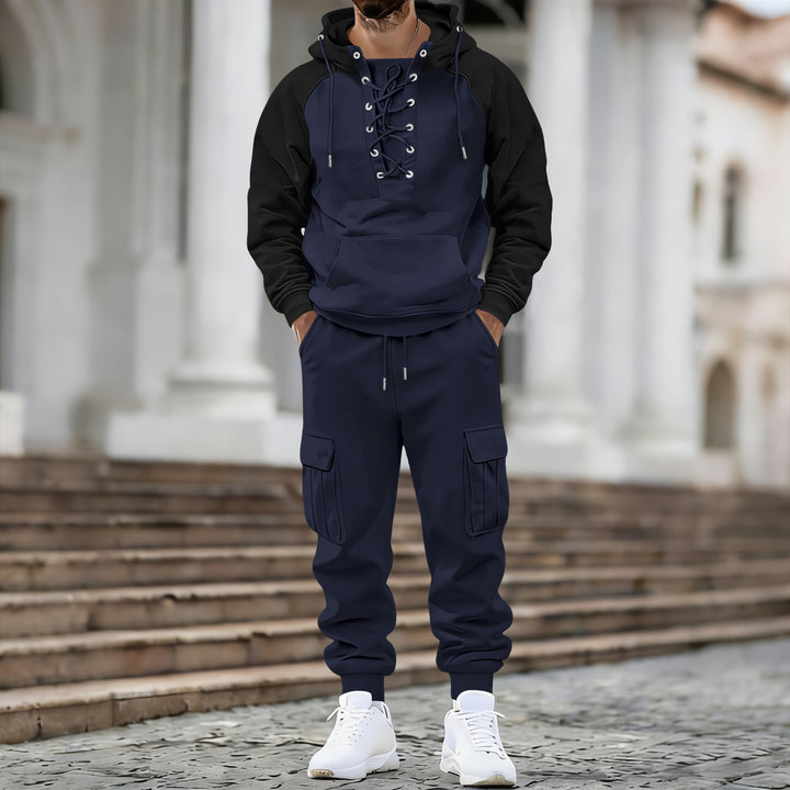 Herren Kapuzen-Sweatshirt mit vorn geschnürter Blende, Raglanärmeln und Kängurutasche – Cavarno