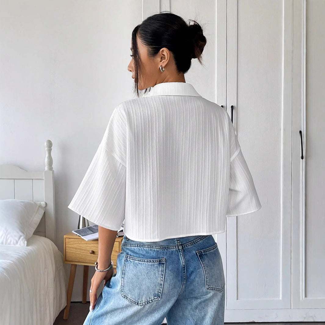 Damen nan weite Kurzbluse mit Hemdkragen und feiner Plissee-Struktur Echo Archiv
