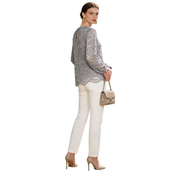 Damen Spitzenbluse mit durchgehendem Spitzen-Overlay, Rundhalsausschnitt und Schleifenärmeln Echoarchiv