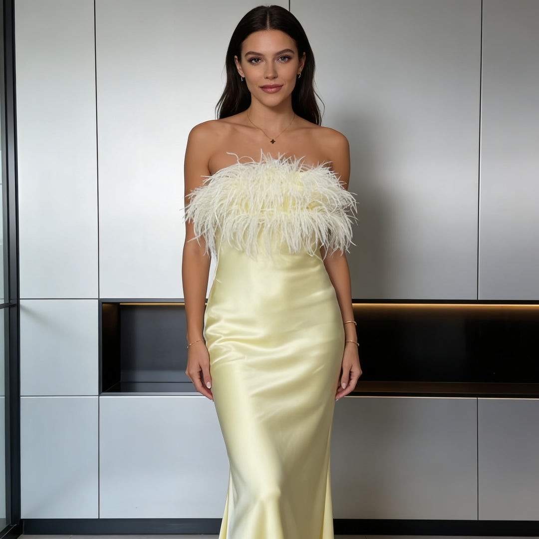 Damen Elegantes und luxuriöses Abendkleid mit dekorativem Federbesatz Echo Archiv