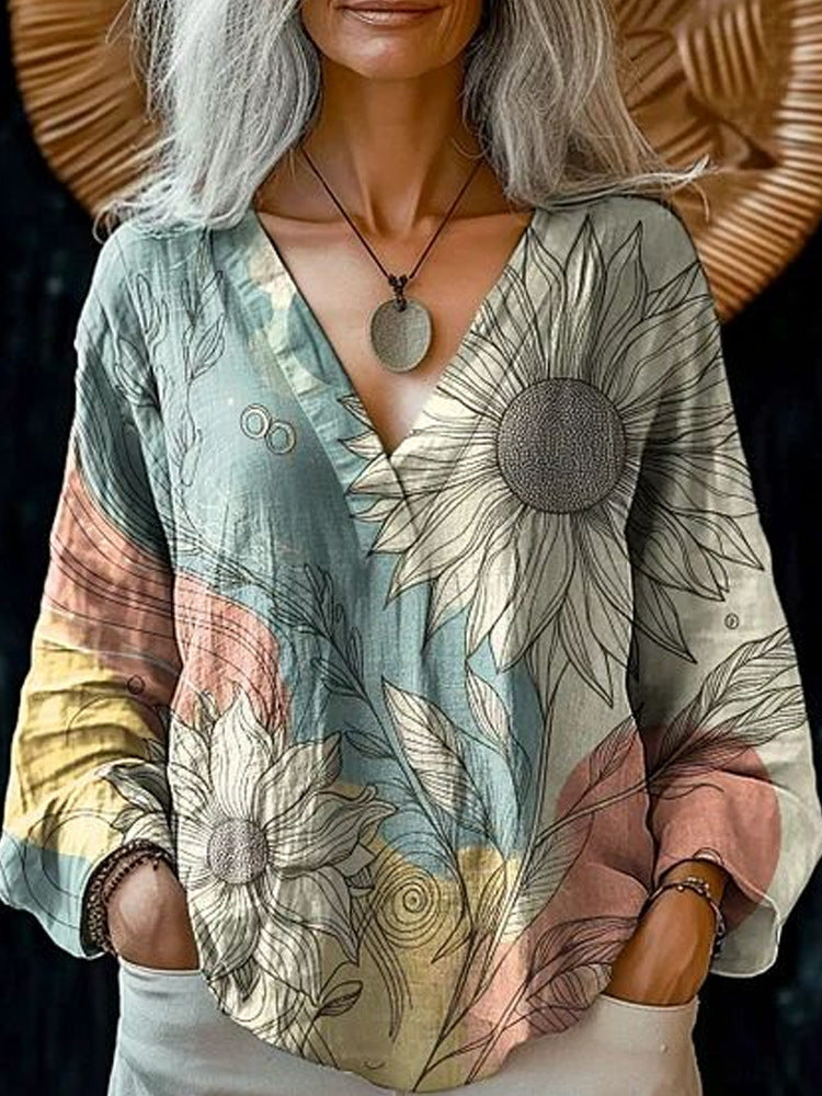 Damen Boho-Leinenmischung Tunika-Bluse mit V-Ausschnitt und floraler Aquarellstickerei – Élovi