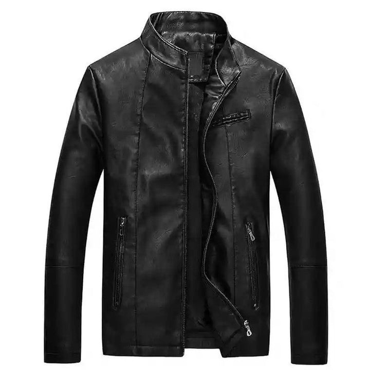 Herren Slim-Fit Kunstlederjacke mit Stehkragen und Reißverschlusstaschen Echoarchiv