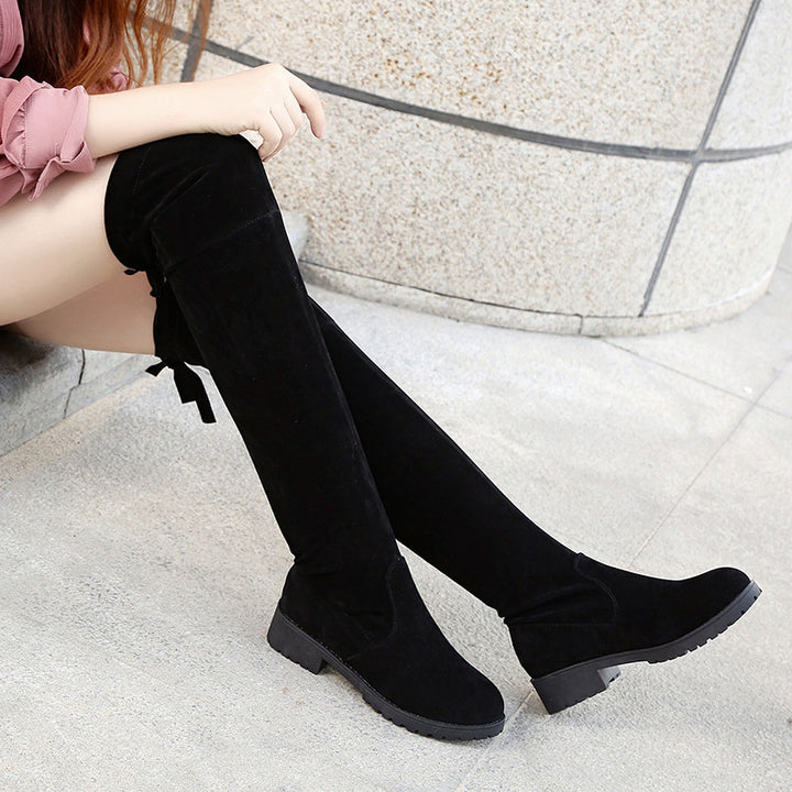 Damen Overknee-Stiefel aus Velourslederoptik mit elastischem Schaft und profilierter Gummisohle Echoarchiv