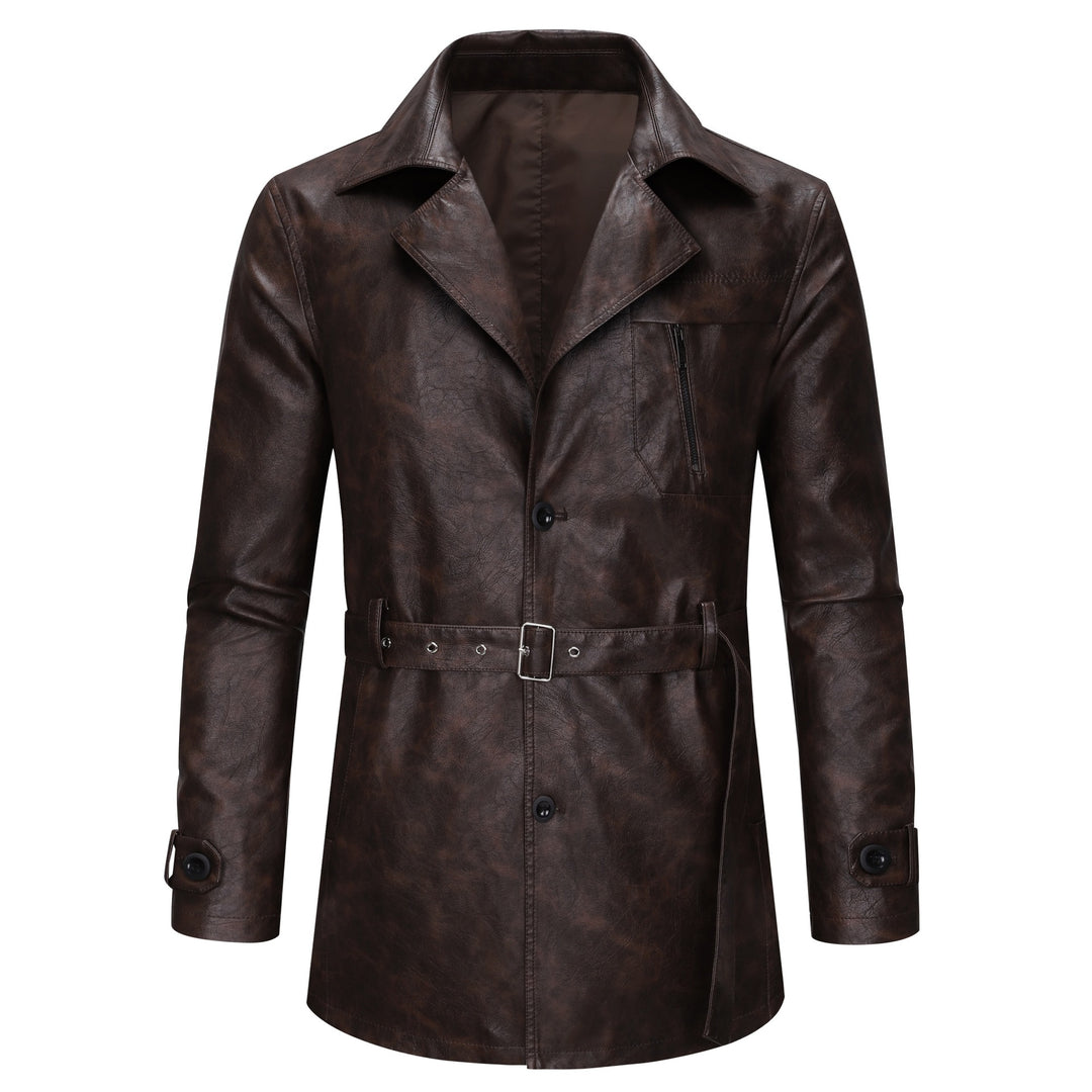 Herren modische Kunstlederjacke mit verstellbarem Gürtel und praktischen Taschen Echoarchiv