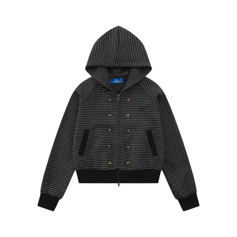 Damen gestreifte Kapuzen-Sweatjacke im Marine‑Look mit Doppelreiher‑Optik und Frontreißverschluss Echoarchiv