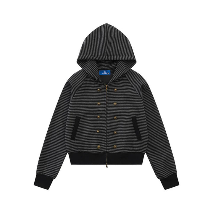 Damen gestreifte Kapuzen-Sweatjacke im Marine‑Look mit Doppelreiher‑Optik und Frontreißverschluss Echoarchiv