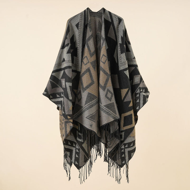 Damen Gewebter Ruana-Umhang aus Wollmix mit grafischem Ethno-Jacquard und langen Fransen – Avérine