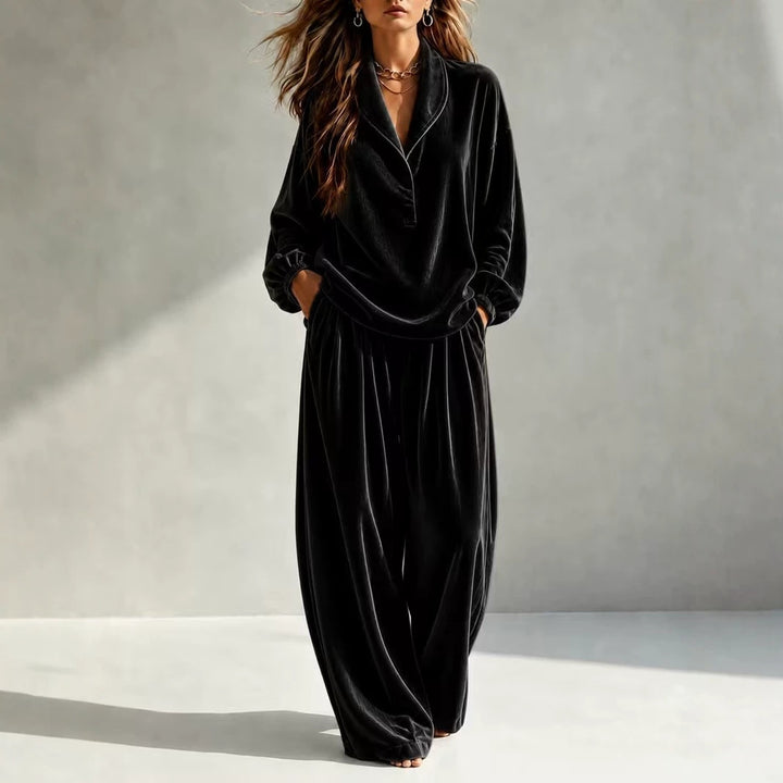 Damen Luxuriöses Velours-Loungewear-Set mit Schalkragen und weiter Palazzo-Hose Echoarchiv