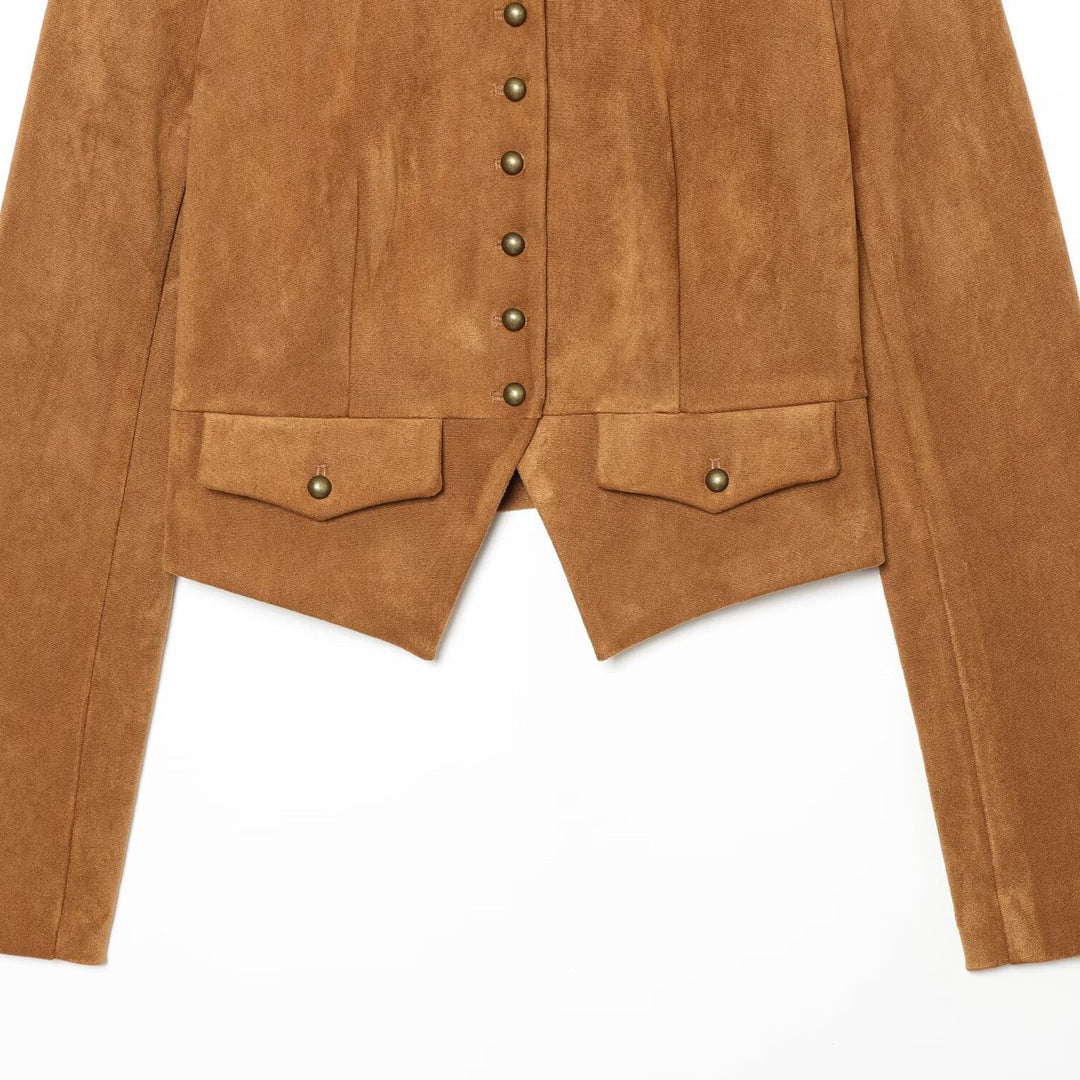 Damen Kurzjacke aus Veloursoptik im Military‑Stil mit Stehkragen und asymmetrischem Saum Echoarchiv