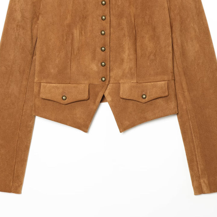 Damen Kurzjacke aus Veloursoptik im Military‑Stil mit Stehkragen und asymmetrischem Saum Echoarchiv