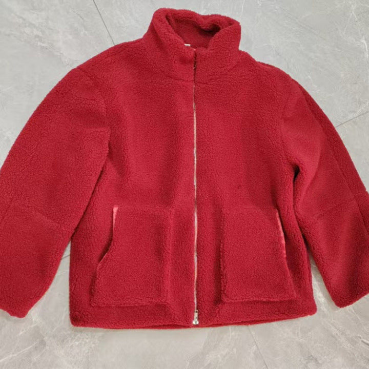 Damen Kuschelige Teddyfelljacke mit hohen Kragen und Reißverschluss Echoarchiv