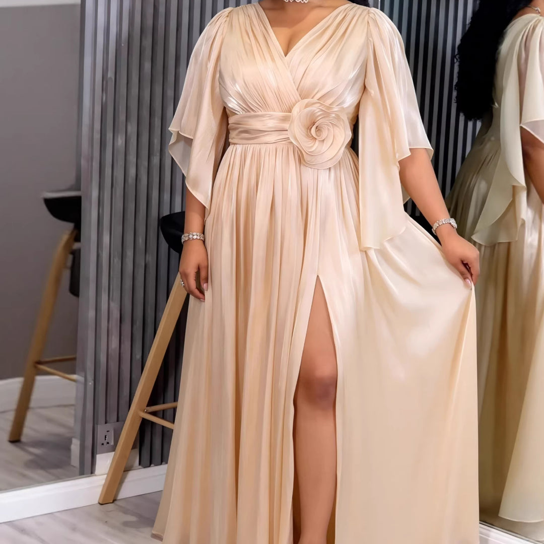 Damen Fließendes Maxi-Kleid mit eleganten Volantärmeln und Taillengürtel Echo Archiv