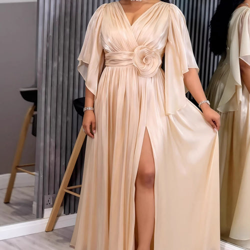 Damen Fließendes Maxi-Kleid mit eleganten Volantärmeln und Taillengürtel Echo Archiv