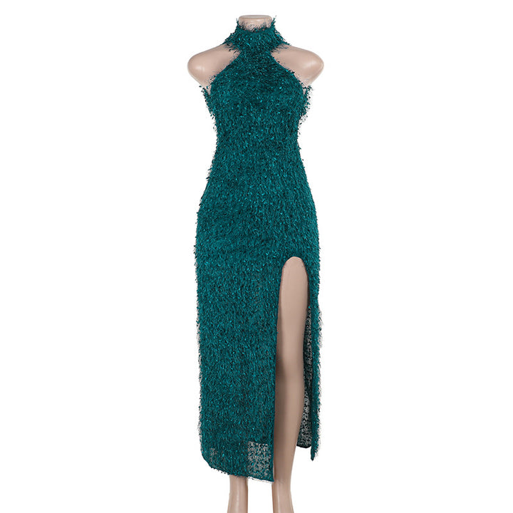 Damen elegantes Maxikleid mit hohem Schlitz und floralem Strukturdesign Echo Archiv