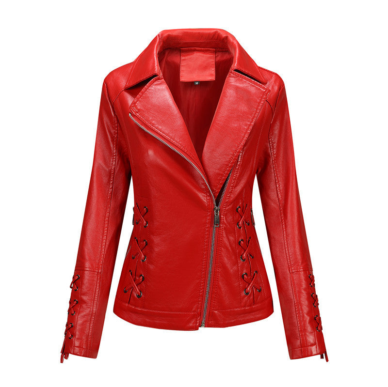 Damen Taillierte Bikerjacke aus Kunstleder mit seitlicher Schnürung und asymmetrischem Reißverschluss Echoarchiv