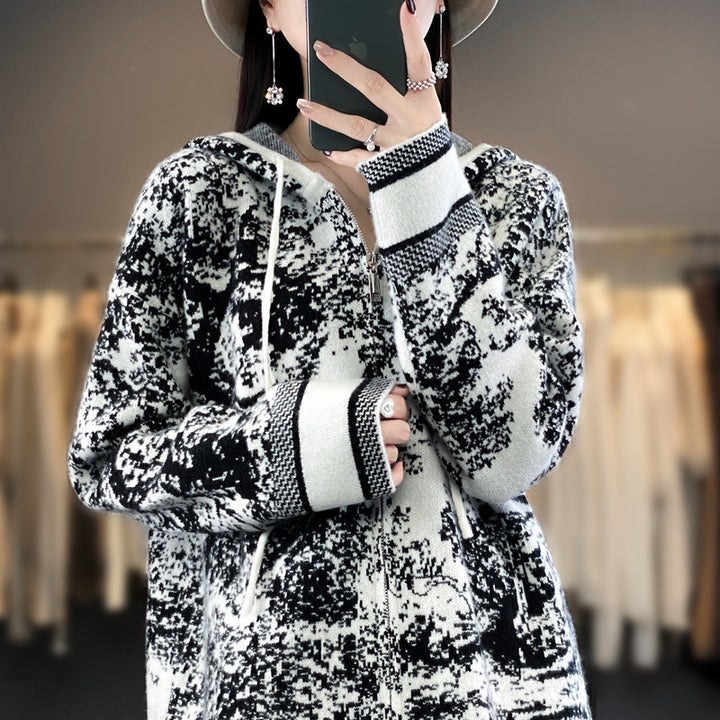 Damen Oversize Jacquard-Strickjacke mit Kapuze und Reißverschluss Echoarchiv