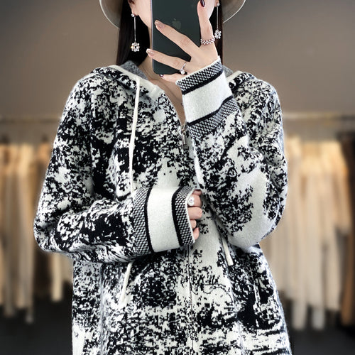 Damen Oversize Jacquard-Strickjacke mit Kapuze und Reißverschluss Echoarchiv