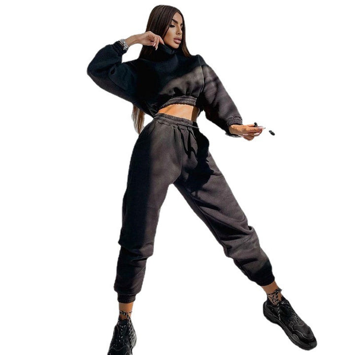 Damen nan Cropped-Hoodie-Loungewear-Set mit elastischem Rippbund, hoher Taillen-Jogginghose und dekorativem Kordelzug Echo Archiv
