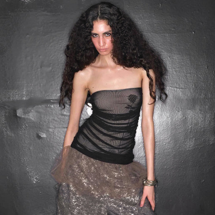 Damen Bandeau-Top mit Raffung und transparentem Stoff Echo Archiv