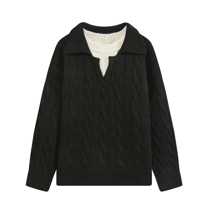 Damen Grobgestrickter Zopfstrick-Pullover mit Hemdkragen und integriertem Rippkragen Echoarchiv