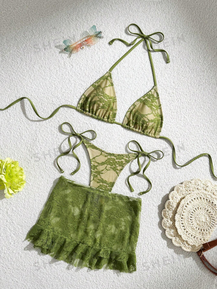 Damen Spitzen-Bikini mit floralem Design und fließendem Rock Echo Archiv