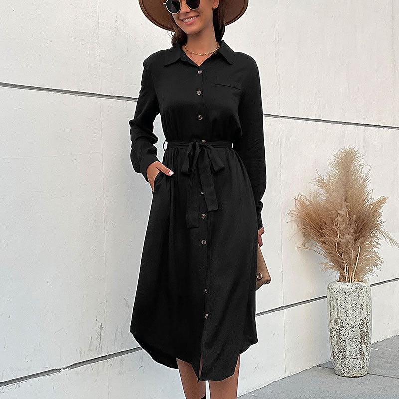 Damen Midikleid im Hemdblusenstil mit durchgehender Knopfleiste, Taillenbindegürtel und langen Ärmeln Echoarchiv
