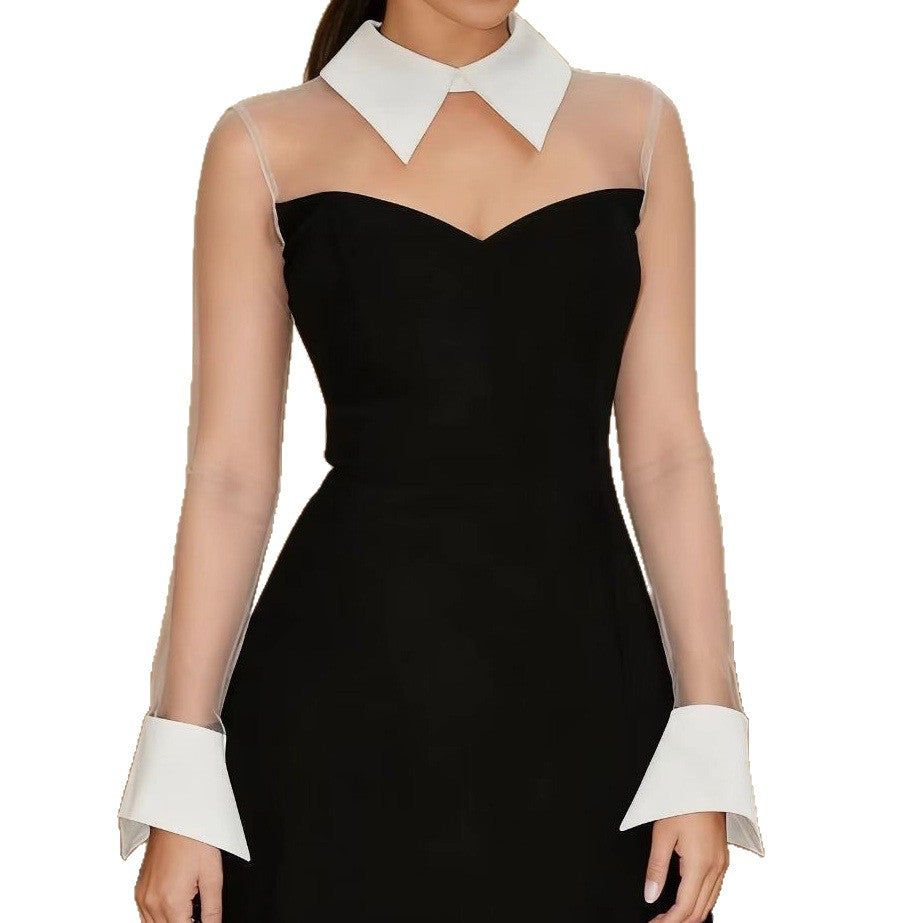 Damen Elegantes figurbetontes Kleid mit transparenten Ärmel und Kontrastkragen Echo Archiv