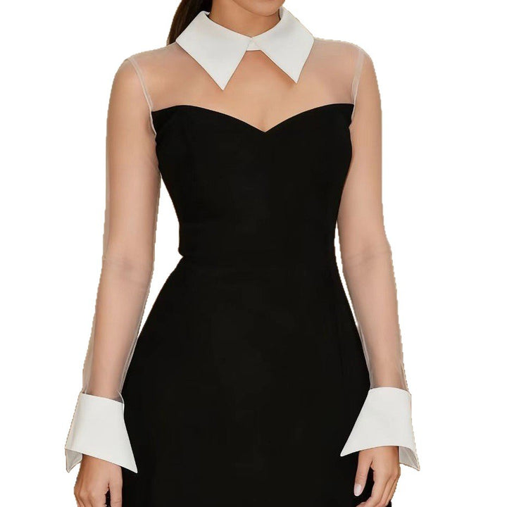 Damen Elegantes figurbetontes Kleid mit transparenten Ärmel und Kontrastkragen Echo Archiv