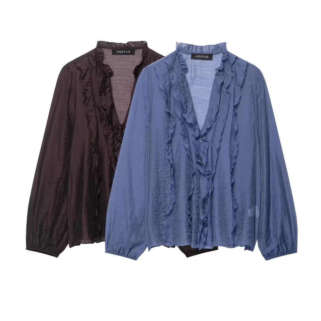 Damen Transparente Crinkle-Bluse mit Volantkragen, Rüschenfront und Ballonärmeln Echo Archiv