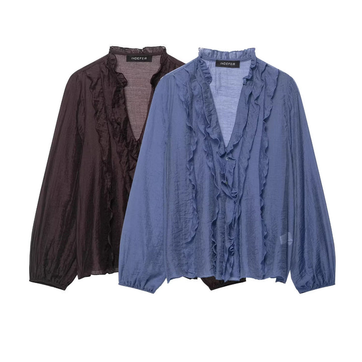 Damen Transparente Crinkle-Bluse mit Volantkragen, Rüschenfront und Ballonärmeln Echo Archiv