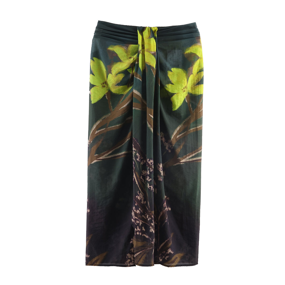 Damen fließender Maxirock mit Drapierung am Bund und floralem Aquarellprint – Valéora