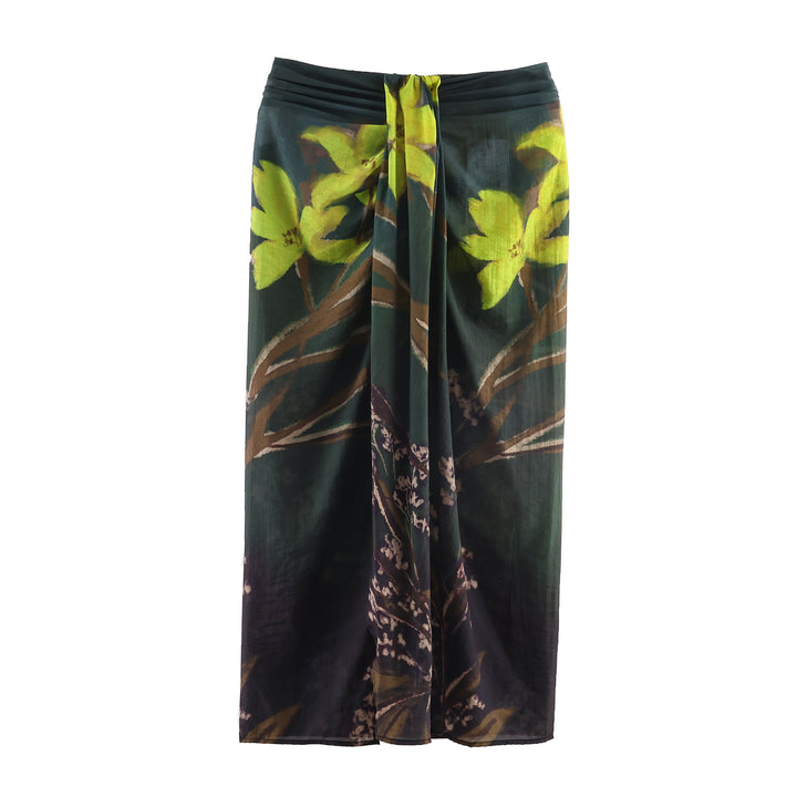 Damen fließender Maxirock mit Drapierung am Bund und floralem Aquarellprint – Valéora