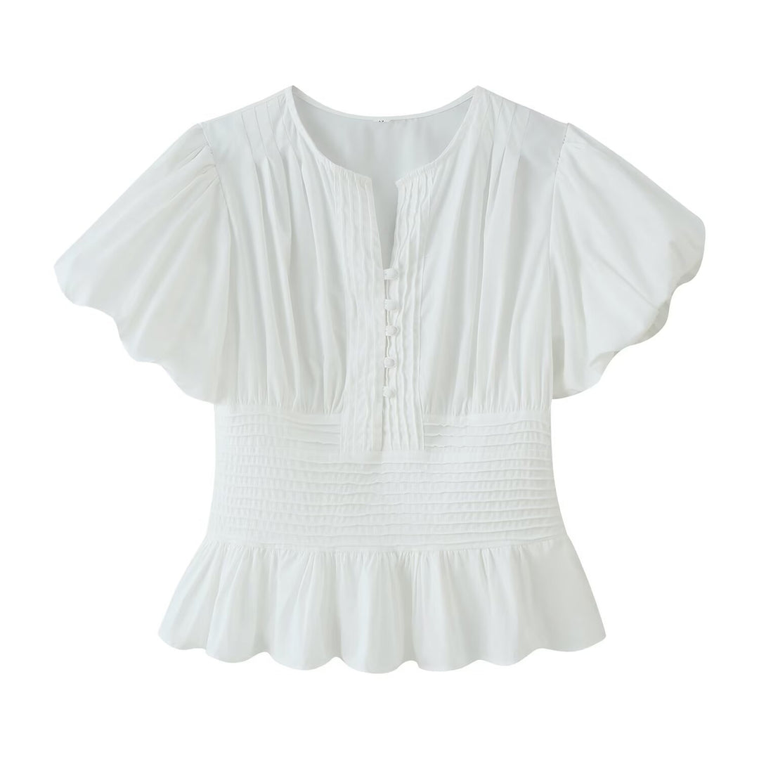 Damen Romantische Bluse mit Puffärmeln, Kellerfalten‑Blende und gesmokter Taille Echo Archiv