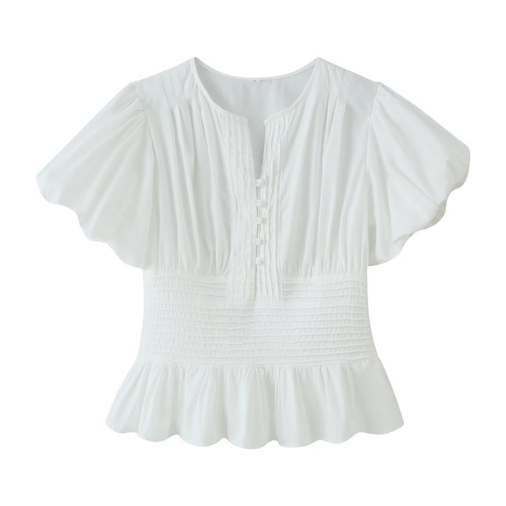 Damen Romantische Bluse mit Puffärmeln, Kellerfalten‑Blende und gesmokter Taille Echo Archiv