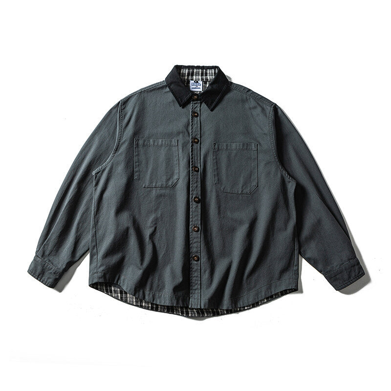 Unisex Oversize Hemdjacke mit Kontrastkragen und kariertem Innenfutter Echoarchiv