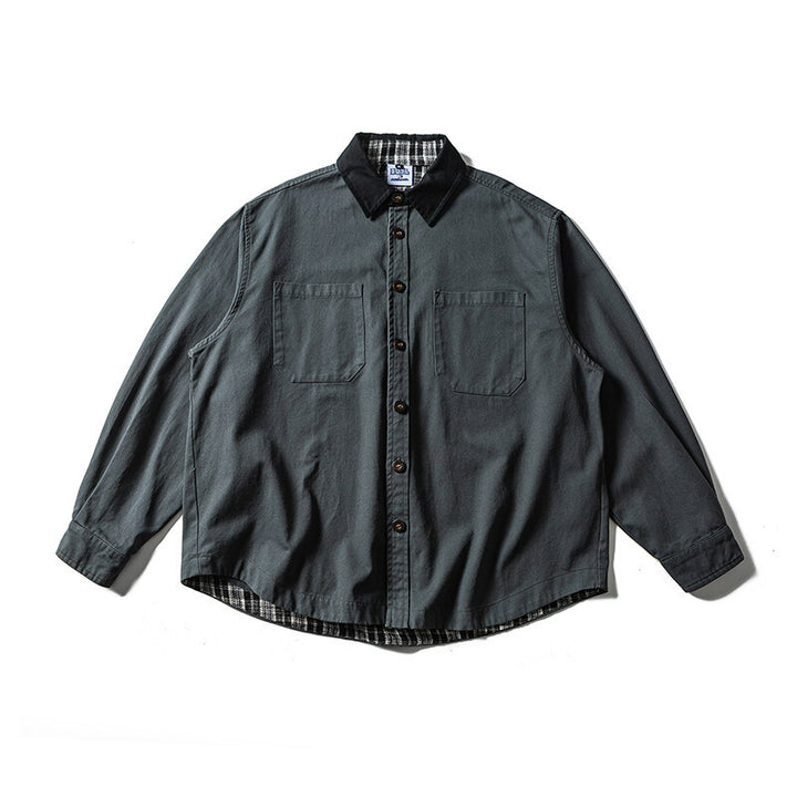 Unisex Oversize Hemdjacke mit Kontrastkragen und kariertem Innenfutter Echoarchiv
