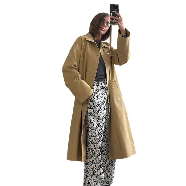 Damen Maxilanger Oversize-Trenchcoat mit Stehkragen und verdeckter Druckknopfleiste Echoarchiv