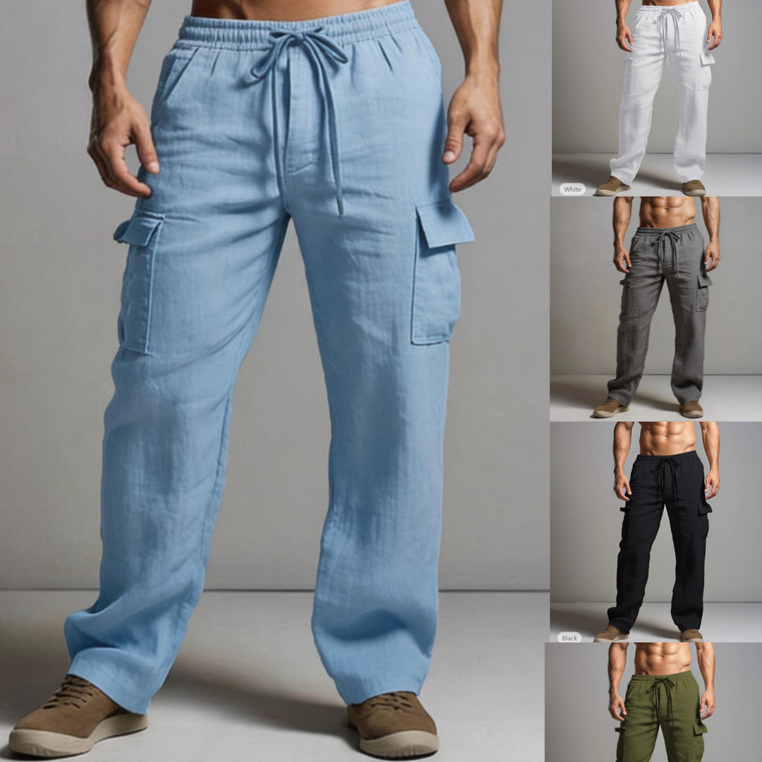 Herren leichte Leinen Cargohose mit elastischem Bund und großen Seitentaschen – Bravaro