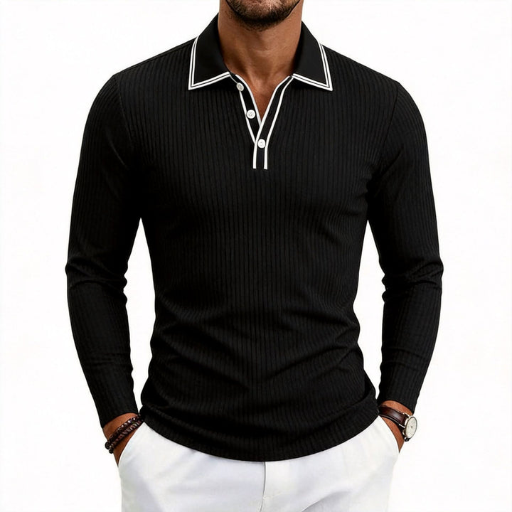 Herren fein geripptes Langarm-Poloshirt aus elastischer Merino-Mixqualität mit Kontrastkanten – Cavello