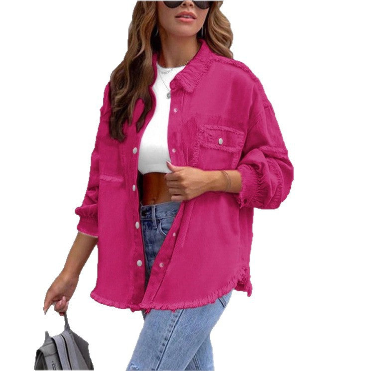 Damen Oversize-Denim-Utility-Hemdjacke mit ausgefransten Kanten und Pattentaschen Echo Archiv