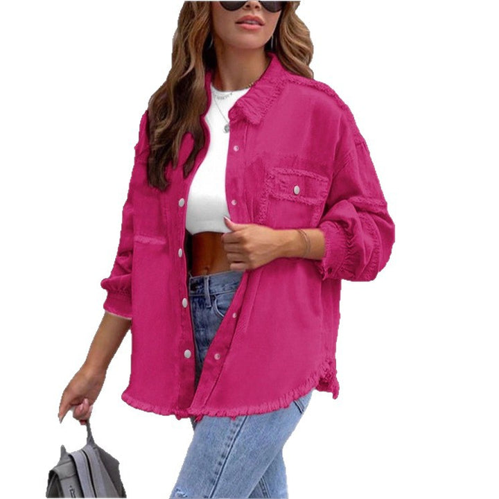 Damen Oversize-Denim-Utility-Hemdjacke mit ausgefransten Kanten und Pattentaschen Echo Archiv
