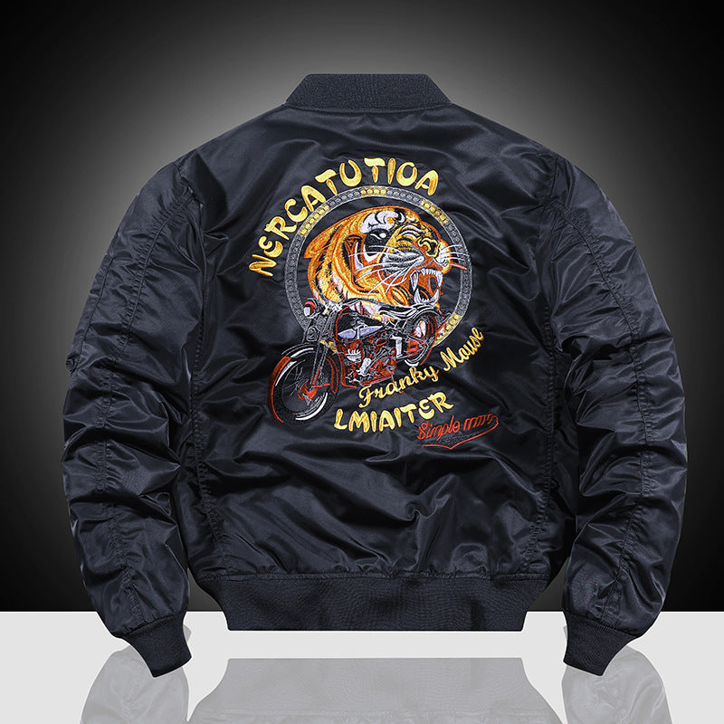 Herren bestickte Nylon-Flightjacke mit großflächigem Tiger- und Motorradmotiv Echoarchiv