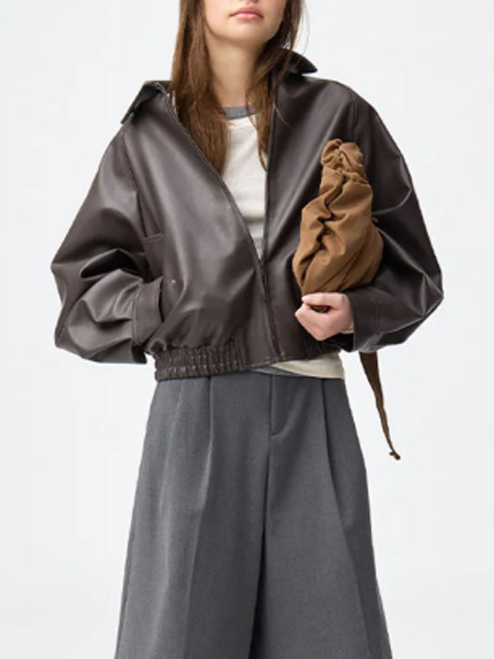 Damen Boxy-Cropped Kunstlederjacke mit verdecktem Reißverschluss und elastischem Saum Echoarchiv