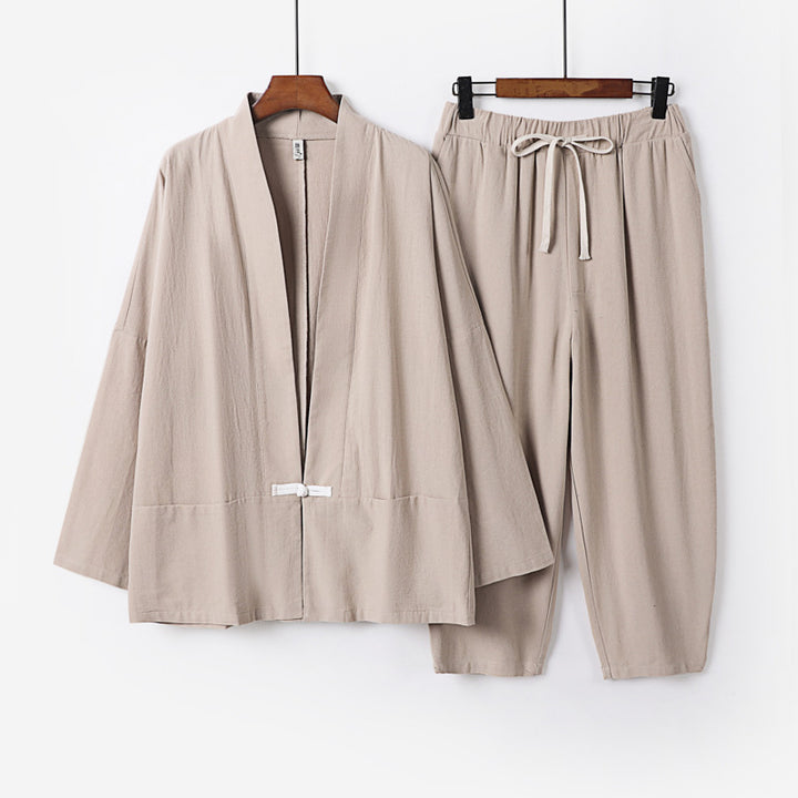 Unisex Lässiges Kimono-Loungewear-Set aus leichtem Leinenmix mit Kordelbundhose Echoarchiv