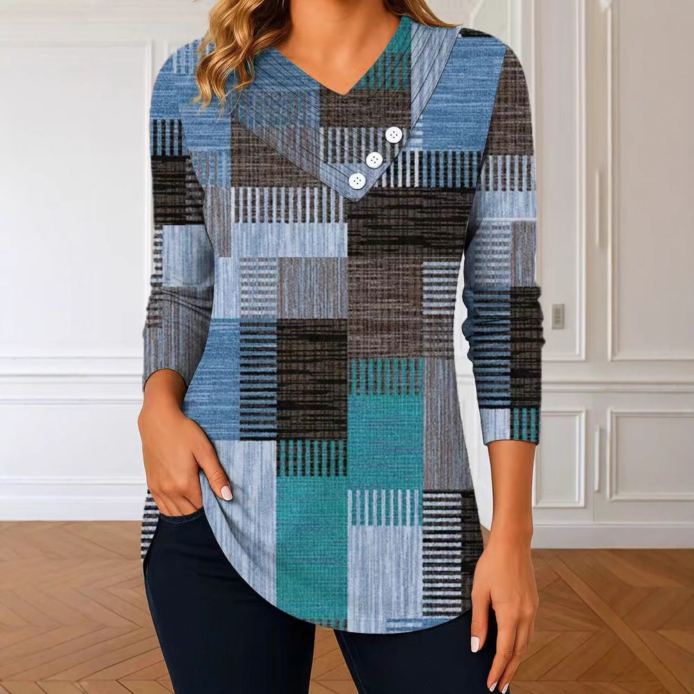 Damen Langarm-Tunika mit asymmetrischem V-Ausschnitt, Zierknopfleiste und kariertem Patchworkmuster – Avérine