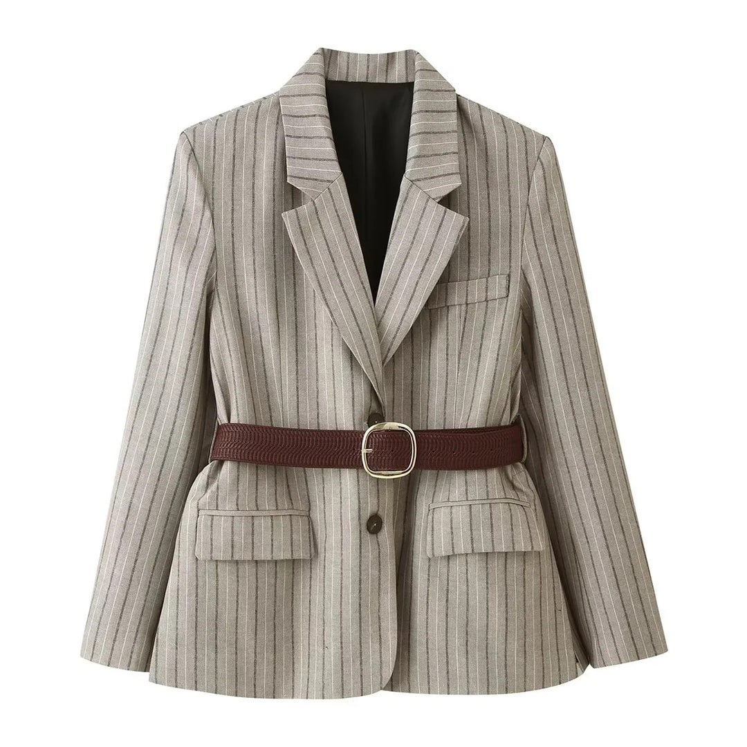 Damen taillierter Nadelstreifen-Blazer mit dekorativem Gürtel und Pattentaschen – Valéne