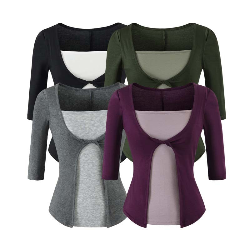 Damen Lagen‑Look Shirt mit Knotenfront, Dreiviertelärmel und integriertem Untertop Echoarchiv