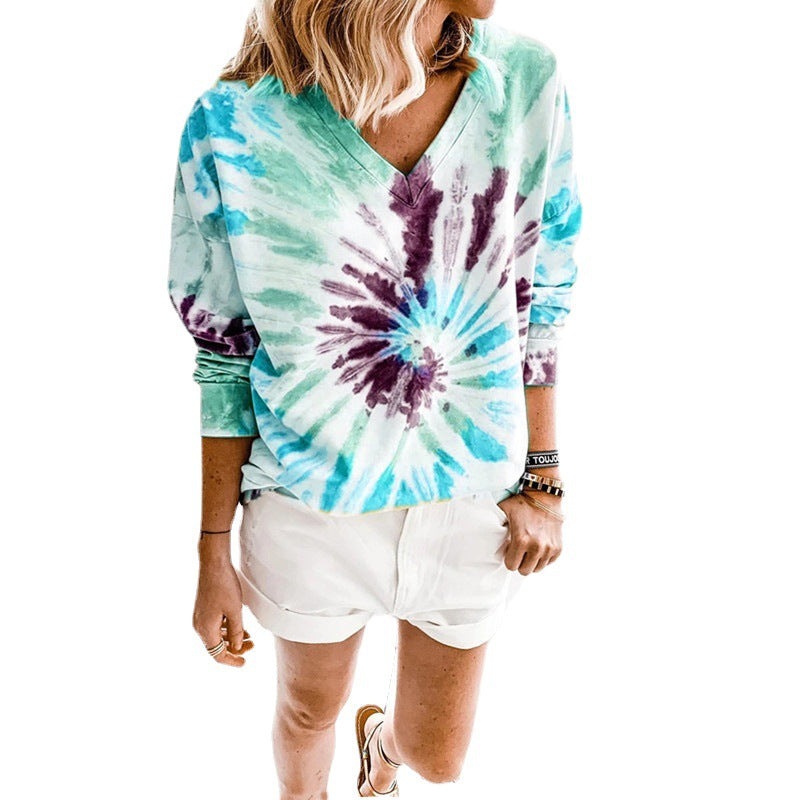 Damen Lässiges Batik-V‑Ausschnitt Sweatshirt mit lockerer Passform Echoarchiv