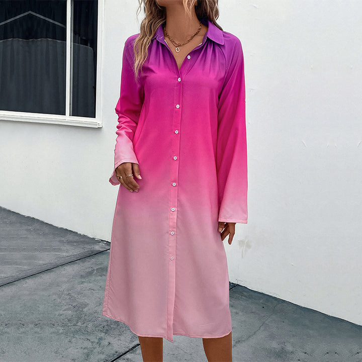 Damen Hemdblusenkleid mit sanftem Farbverlauf, lockerem Schnitt und krempelbaren dreiviertelärmeln Echoarchiv